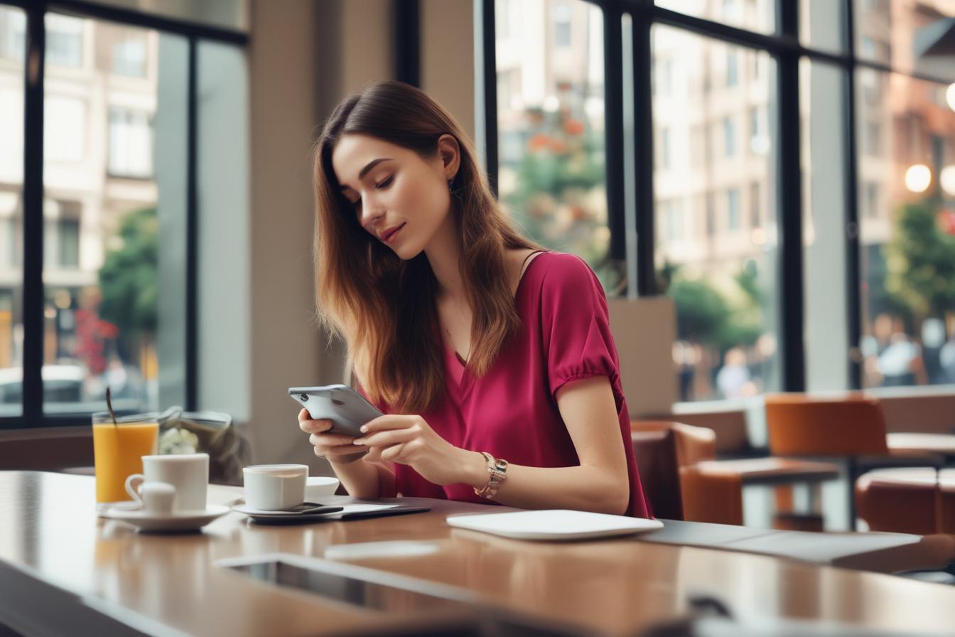 woman shopping on luxury brand mobile website while sitting in a cafe