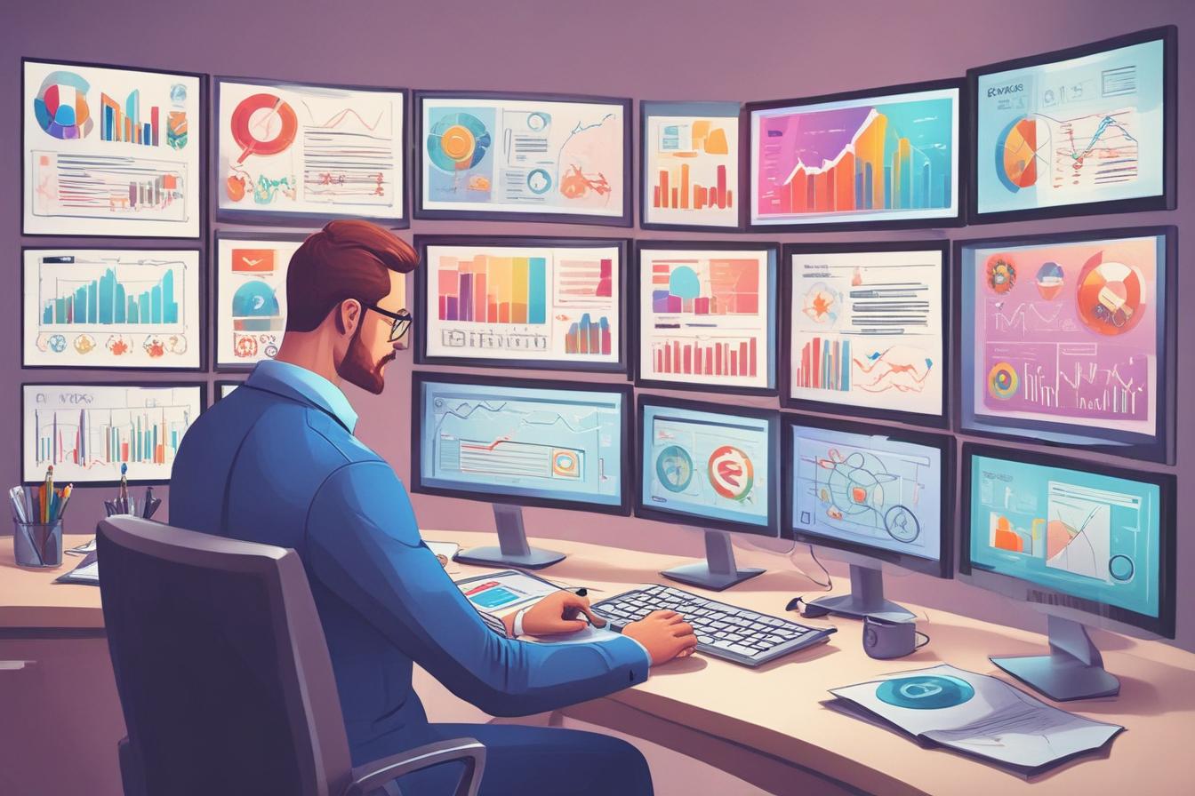 professional businessman analyzing SEO data on multiple screens