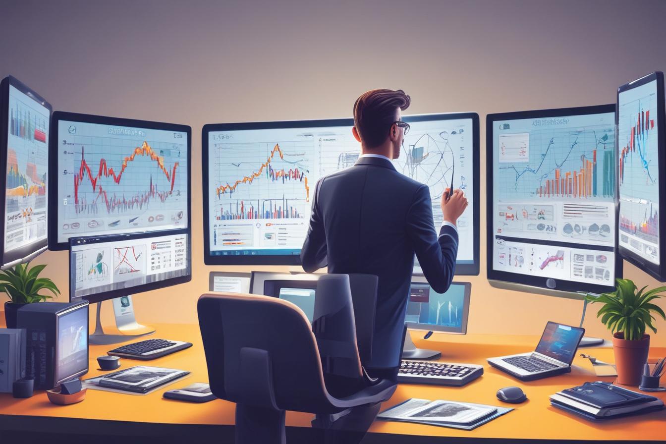 professional businessman analyzing SEO data on multiple screens