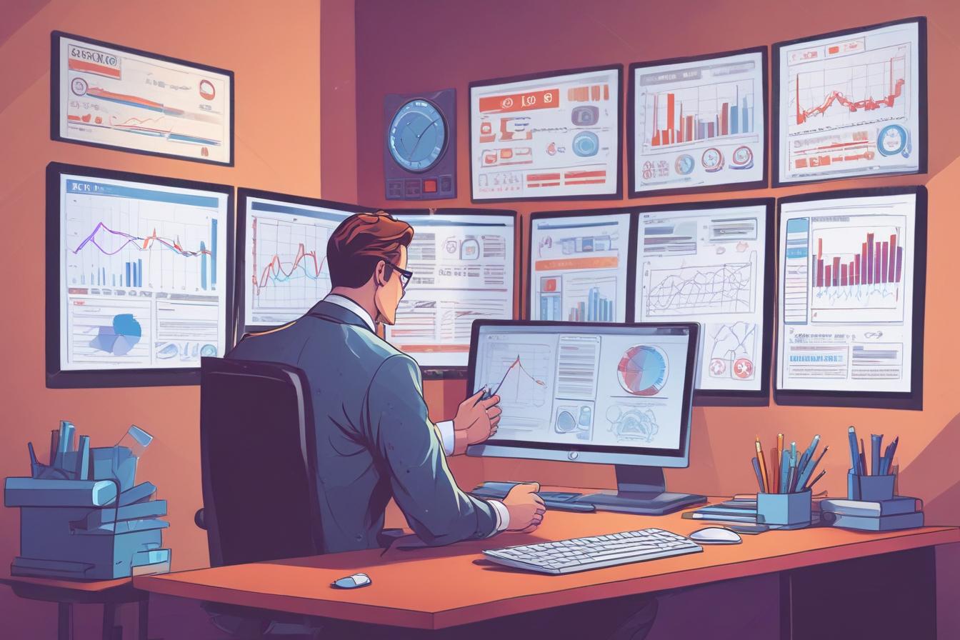 professional businessman analyzing SEO data on multiple screens