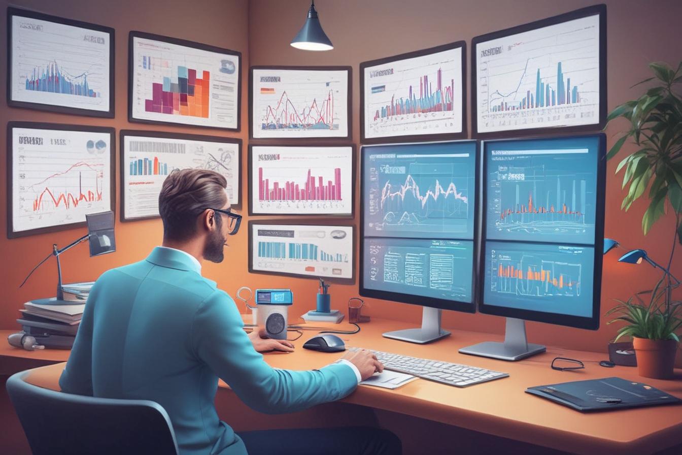 professional businessman analyzing SEO data on multiple screens