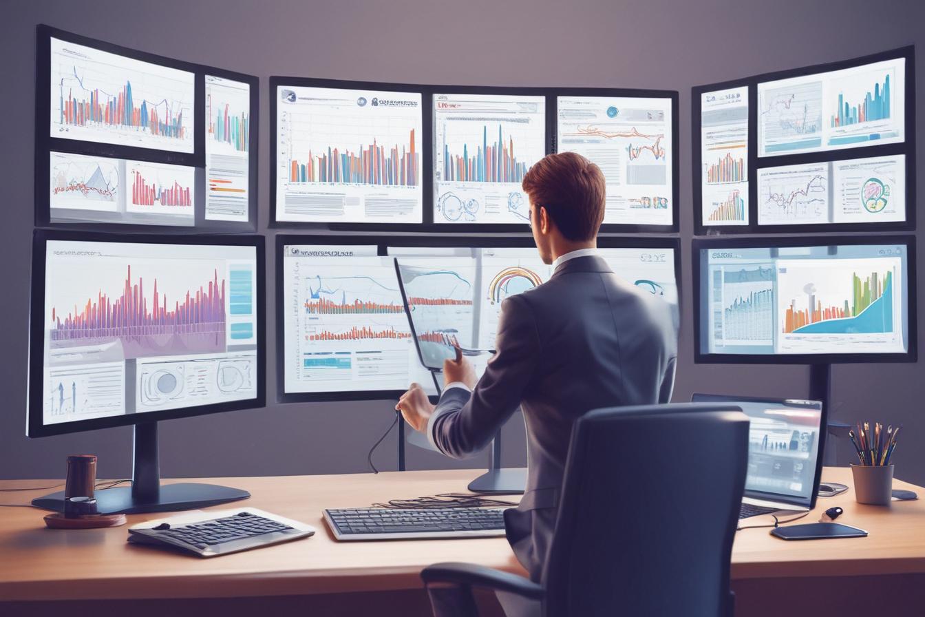 professional businessman analyzing SEO data on multiple screens
